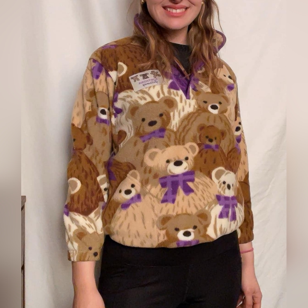 Vintage Northern Getaway Teddy Bear 1/4 Snap Fleece Pullover